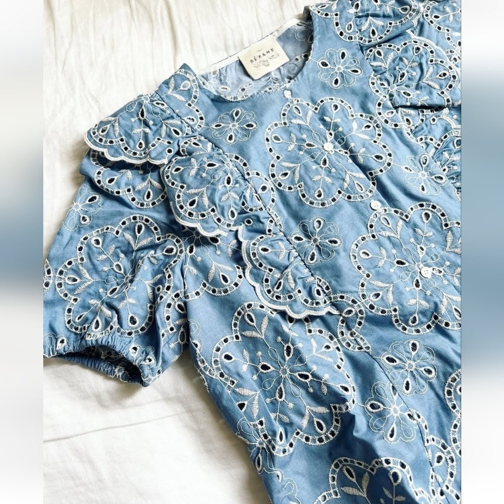 SÉZANE Jordanna Ebroidered Scalloped Button Front Top Denim  Blue 34 - Picture 10 of 14
